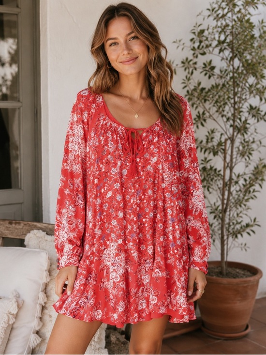 Free People Dresses & Skirts - Free People Lucky Loosey Boho Mini Dress Blood Orange M